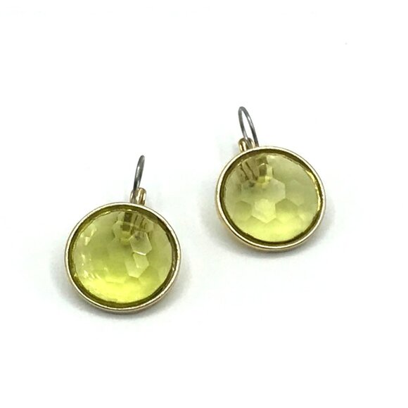 Vintage Faceted Lime Green Round Drop Earrings With Gold-Tone Bezel Setting & Le - Picture 4 of 5